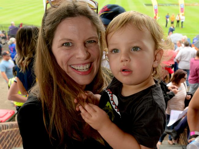 Kate Ellis with her son Samuel at the AFL Women’s game between the Adelaide Crows and GWS Giants in February. Picture: Sam Wundke