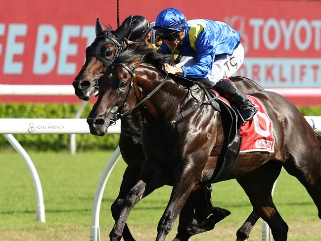 SYDNEY, AUSTRALIA - MARCH 08: Tim Clark  riding Royal Patronage win Race 8 Toyota Forklifts Canterbury Stakes during Sydney Racing at Royal Randwick Racecourse on March 08, 2025 in Sydney, Australia. (Photo by Jeremy Ng/Getty Images)