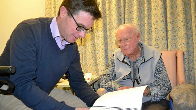 STORY TIME: Minister David Littleproud stopped in to chat with Australia's oldest man Dexter Kruger on Wednesday.. Picture: Molly Hancock