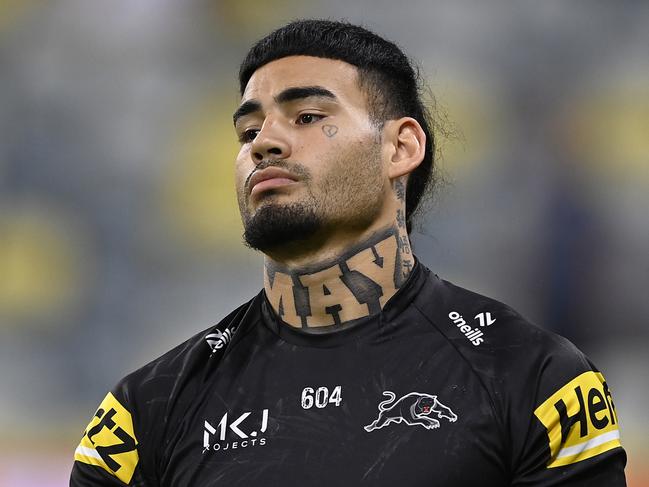 TOWNSVILLE, AUSTRALIA - APRIL 27: Taylan May of the Panthers looks on before the start of the round eight NRL match between North Queensland Cowboys and Penrith Panthers at Qld Country Bank Stadium, on April 27, 2024, in Townsville, Australia. (Photo by Ian Hitchcock/Getty Images)