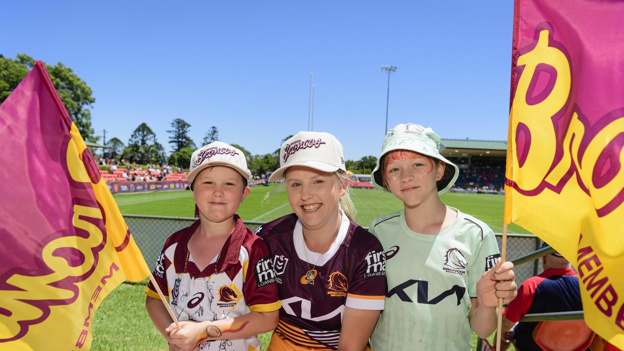 Kate Hensley with her kids Summer Erricker and Jaxon Boys at the NRL Pre-Season Challenge game between Broncos and Titans at Toowoomba Sports Ground, Sunday, February 16, 2025. Picture: Kevin Farmer