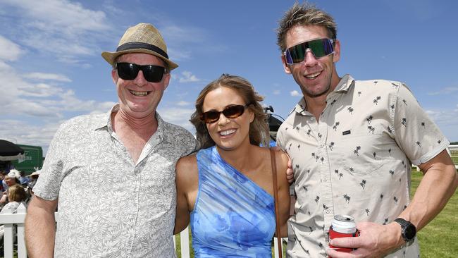 Ladbrokes Sale Cup. Racegoers are pictured attending Cup Day horse races at Sale Turf Club, Sunday 27th October 2024. Chris Deschepper, Katie Mackrell and Ben Osmand. Picture: Andrew Batsch