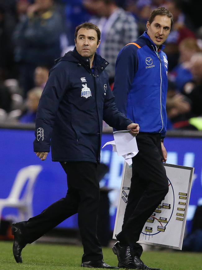 Cameron Joyce (right) with former North Melbourne coach Brad Scott last year Picture: MICHAEL KLEIN