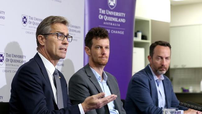 High hopes: The then University of Queensland Vice Chancellor, Professor Peter Hoj, Associate Professor Keith Chappell and Professor Trent Munro at the announcement of the start of work on the first UQ Covid-19 vaccine. Picture: Steve Pohlner