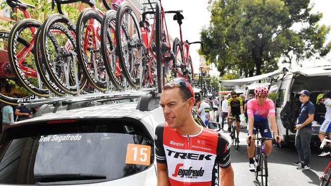 Trek Segafredo rider Richie Porte at the start of stage two of the Tour Down Under in Adelaide. Picture: David Mariuz/AAP