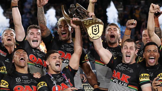 The Panthers celebrate with the NRL Premiership Trophy after victory in 2022. Picture: Cameron Spencer/Getty Images