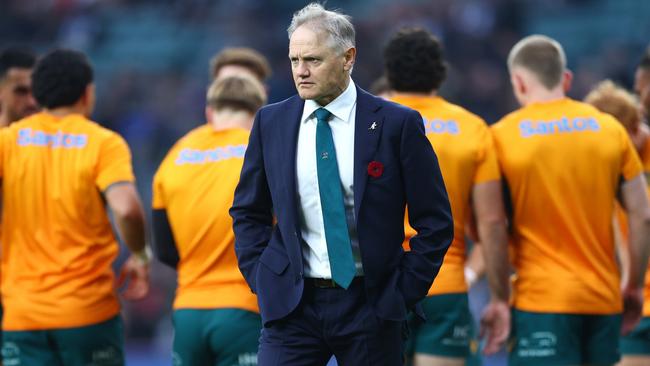 LONDON, ENGLAND - NOVEMBER 09: Joe Schmidt, Head Coach of Australia looks on as the team warms up prior to the Autumn Nations Series 2025 match between England and Australia at Allianz Stadium on November 09, 2024 in London, England. (Photo by Clive Rose/Getty Images)