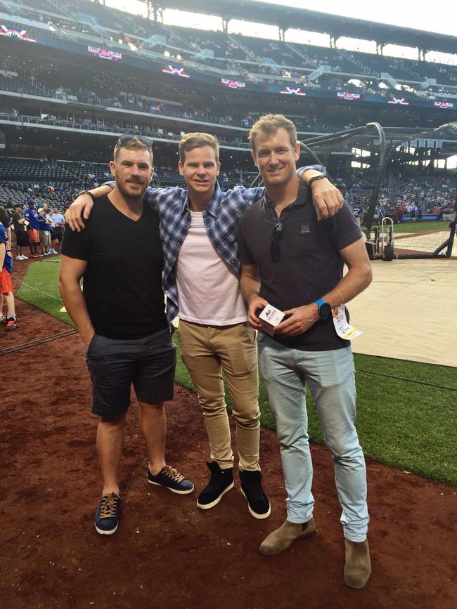 Australian cricketers Aaron Finch, Steve Smith and George Bailey at the New York Mets batting practice