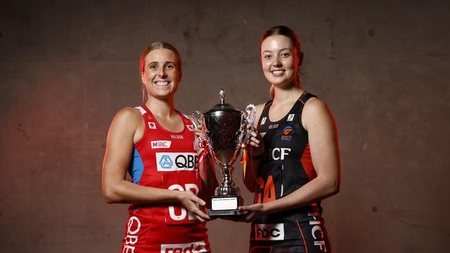 WEEKEND TELEGRAPH 17TH MAY 2024Pictured at Ken Rosewell Arena at Olympic Park in Sydney are  Super Netball players Maddy Turner from the Sydney Swifts and Sophie Dwyer from the GWS Giants ahead of their teams clash this weekend for the Carole Sykes Trophy.Picture: Richard Dobson