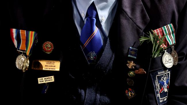 A war veteran's medals are displayed during the Sydney dawn service. Picture: Brendon Thorne/Getty Images