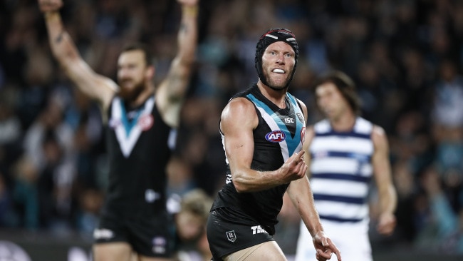 Brad Ebert celebrates a goal as Port move on to the prelim.