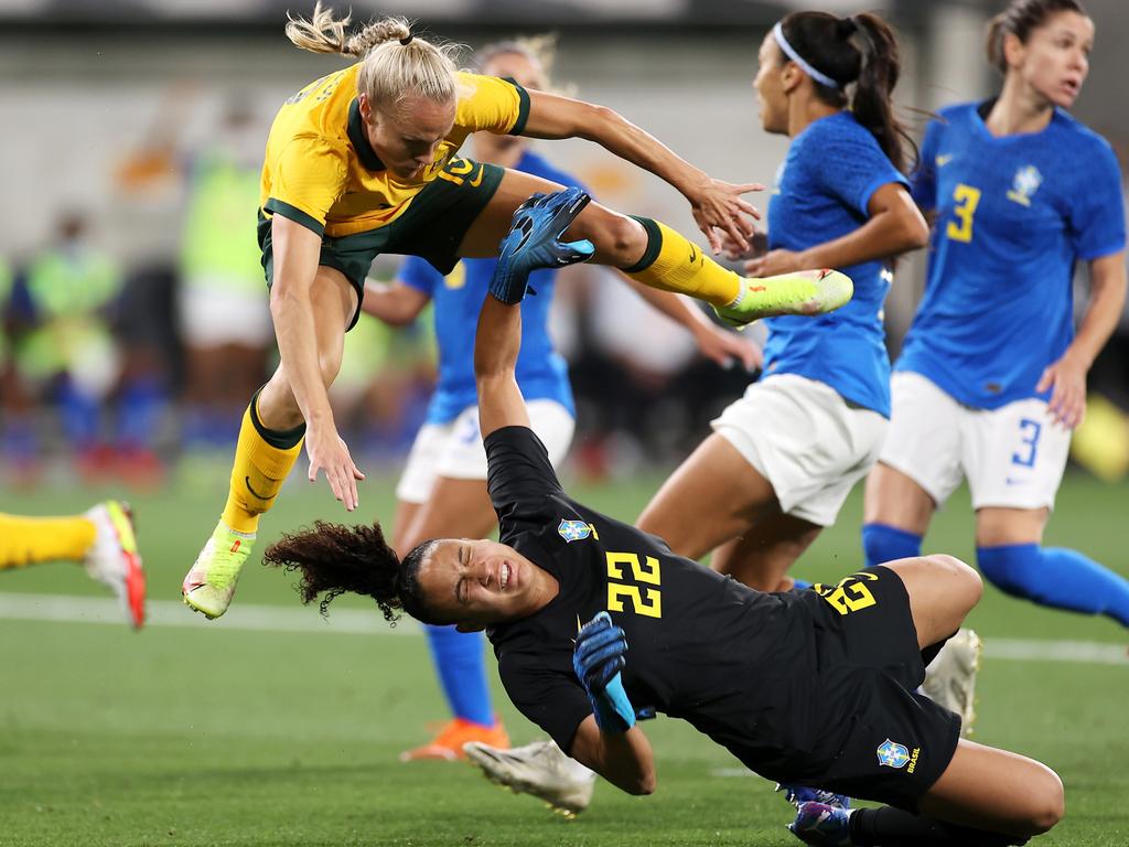 Tameka Yallop collides with Brazil keeper Bruninha last month. Picture: Mark Kolbe / Getty Images