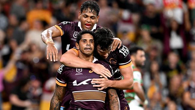 Albert Kelly scored the Broncos’ opening try against the Rabbitohs. Picture: Bradley Kanaris/Getty Images