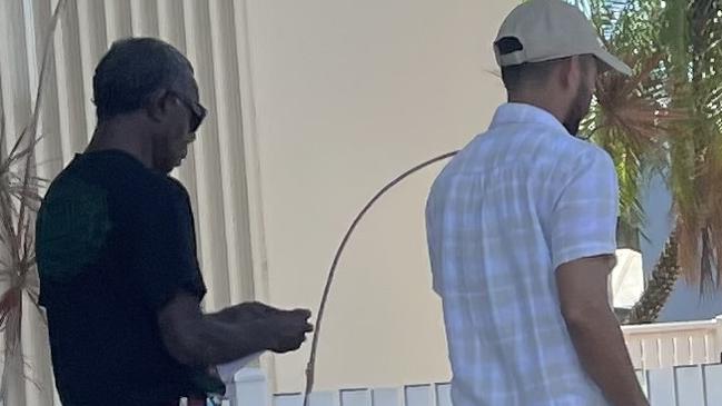 Darwin Local Court heard 49-year-old Marius Puruntatameri Junior (left) was eating a meal at the Airport Tavern on January 2, 2024, when he pulled a steak knife on security. Picture: Gera Kazakov