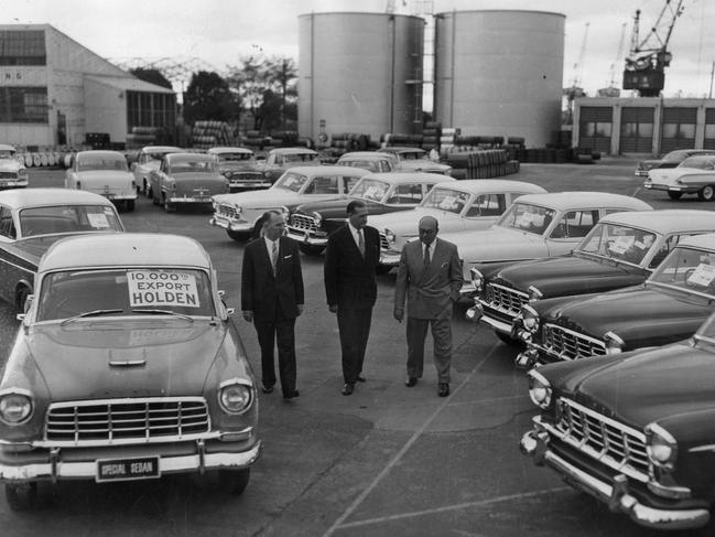 10,00th Holden motor car to be exported from Australia since November 1954, rolled off the assembly line at General Motors-Holden's plant at Fishermans Bend in October 1958. Deputy Prime Minister John McEwen (centre) attended a short ceremony to mark the occasion with GMH managing director Mr E. C. Daum (right) and export manager Mr W. Clarebrough. Picture: Herald Sun Feature Service