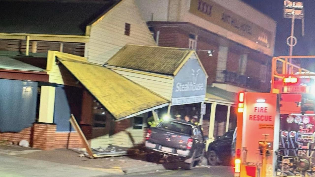 A ute crashed into the facade of the Ant Hill Hotel on Byrnes St Mareeba in the early hours of Saturday morning. Picture: The Hungry Pug Mareeba