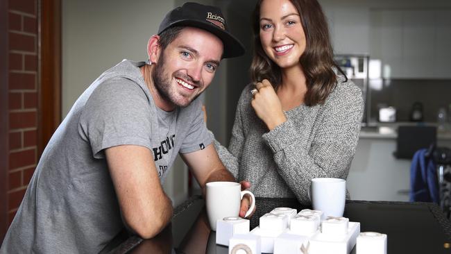 Chadd Sayers with his wife Stephanie at home before departing for the Sheffield Shield final in Alice Springs. Picture: Sarah Reed