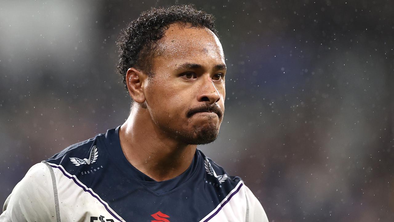 SYDNEY, AUSTRALIA - MARCH 18: Felise Kaufusi of the Storm looks on after being placed on report for a tackle on Ryan Matterson of the Eels during the round two NRL match between the Parramatta Eels and the Melbourne Storm at Bankwest Stadium on March 18, 2021, in Sydney, Australia. (Photo by Cameron Spencer/Getty Images)