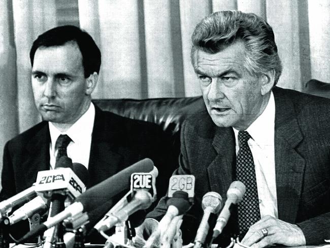 Then prime minister-elect Bob Hawke and Treasurer Paul Keating during a 1983 press conference at Parliament House in Canberra. Picture: Supplied