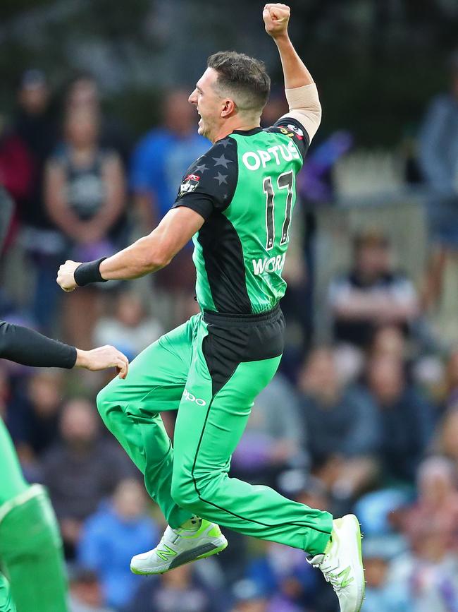 Worrall celebrates a wicket for the Melbourne Stars during the BBL. Picture: Scott Barbour/Getty Images