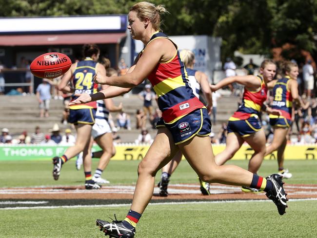 Courtney Cramey gets a handball away during the Crows 29-point win over Geelong at Norwood Oval on Sunday. Picture Sarah Reed