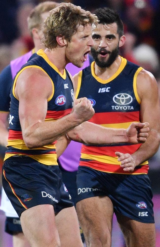 Rory Sloane of the Crows reacts after scoring a goal against Geelong.