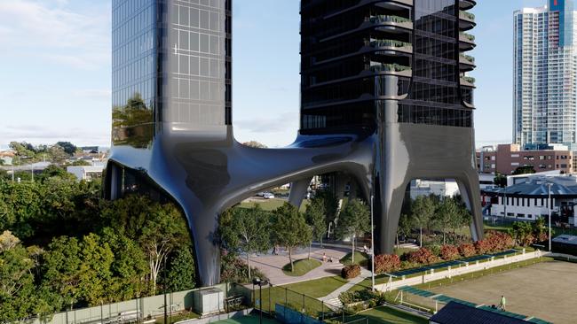 Artist impression of a proposed $400m, 100-storey two tower project planned for 1 Park Lane, Southport on the Gold Coast. Picture: Supplied.
