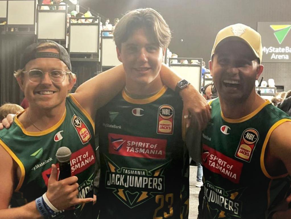 Prince Christian at the Tasmania JackJumpers basketball game in Hobart with radio duo Jimmy Smith and Nathan Roye. Picture: Supplied