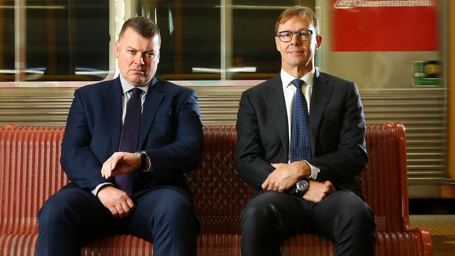 QR chief executive Nick Easy and report author Phillip Strachan at Central Station in Brisbane. Picture: Liam Kidston