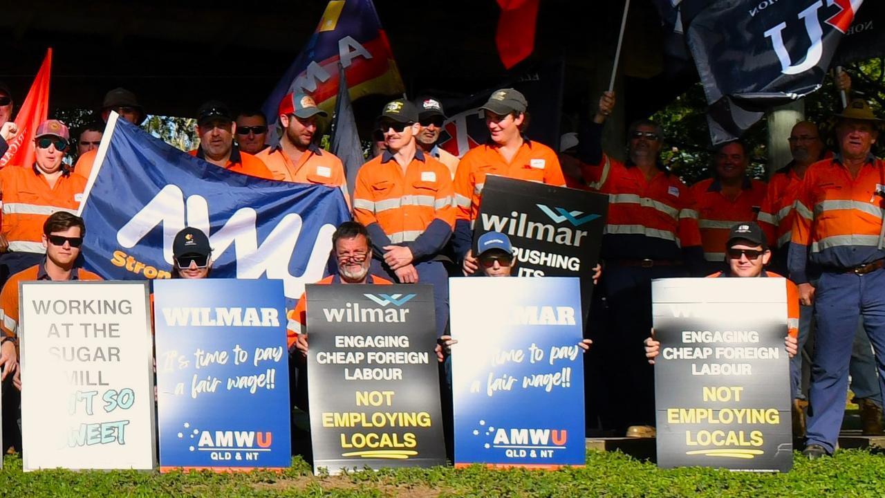 Unionised employees from Wilmar Sugar and Renewables’ Victoria and Macknade mills in Herbert River on strike in Ingham on Tuesday morning. Picture: Cameron Bates