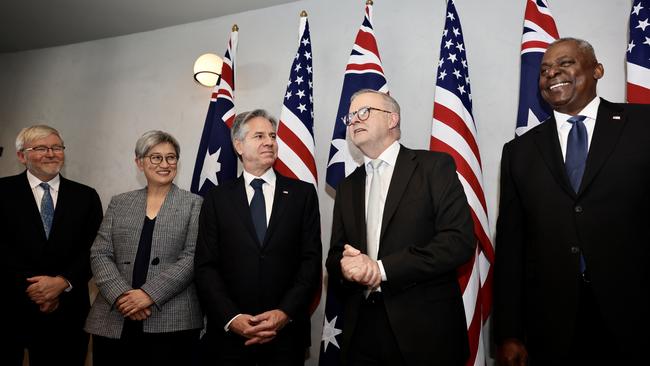 Ambassador to the US Kevin Rudd, Foreign Affairs Minister Penny Wong, US Secretary of State Antony Blinken, Anthony Albanese and US Defence Secretary Lloyd Austin attend a lunch in Brisbane on Friday. Picture: Sarah Friend/DFAT via Getty Images