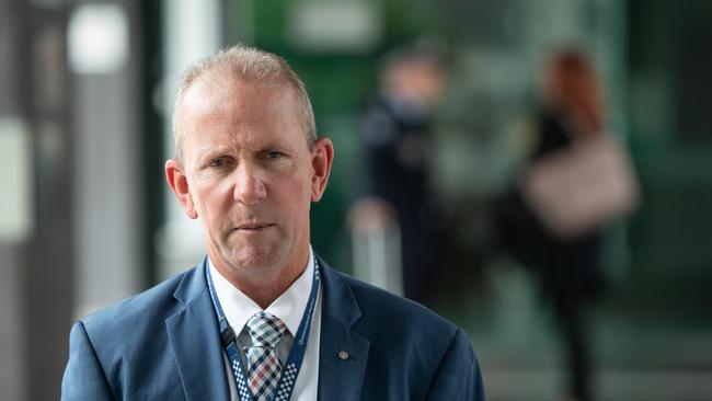 Queensland Police Union president Ian Leavers leaves Brisbane Magistrates court after giving evidence at the Hannah Clarke inquest. Picture: Brad Fleet