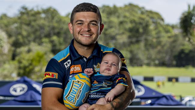 Ash Taylor with his baby Oscar. Picture: Jerad Williams