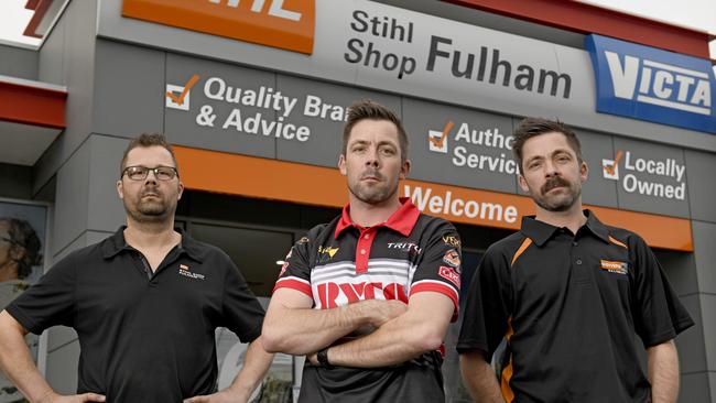 Mark, Craig and Troy Dontas, pictured at Mark's Stihl Shop in Fulham. Picture: NCA NewsWire/Naomi Jellicoe