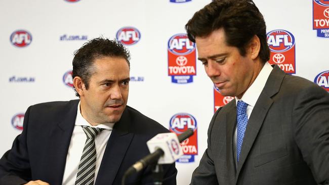 Simon Lethlean with AFL CEO and good friend Gillon McLachlan. Picture: Getty Images