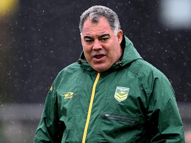 CHRISTCHURCH, NEW ZEALAND - OCTOBER 26: Coach Mal Meninga looks on during an Australian Kangaroos captain's run at Apollo Projects Stadium on October 26, 2024 in Christchurch, New Zealand. (Photo by Joe Allison/Getty Images)