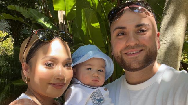 Eight-month-old Ibrahim Hamidi, who has been diagnosed with MS neuroblastoma, with his parents, mum Sherryl Galang and dad Seyid Hamidi. Picture: Supplied by family