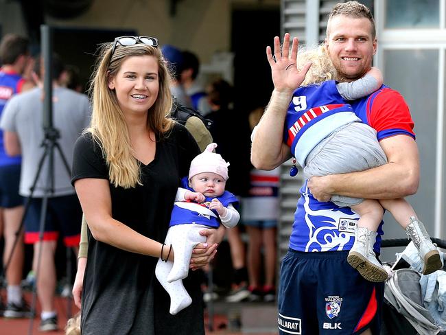 Abby Gilmore with former partner Western Bulldogs forward Jake Stringer, two-year-old Milla and baby Arlo. Picture: Tim Carrafa