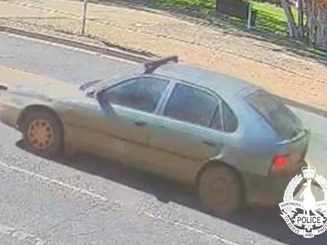 The green Toyota Corolla allegedly used in a hit-run at the intersection of Leichhardt and Stott terraces at Alice Springs on June 17, 2024, at about 11.30am. Picture: NT Police