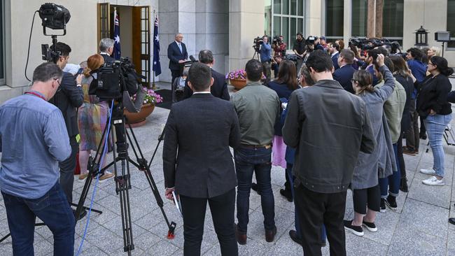 Scott Morrison addresses the media at Parliament House on Sunday.