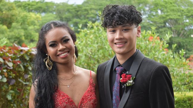 Louise Stocks with her partner Lawrence Mangalinao for the Mackay State High School 2021 Year 12 formal, November 16, 2021. Photo: Tara Miko and Janessa Ekert
