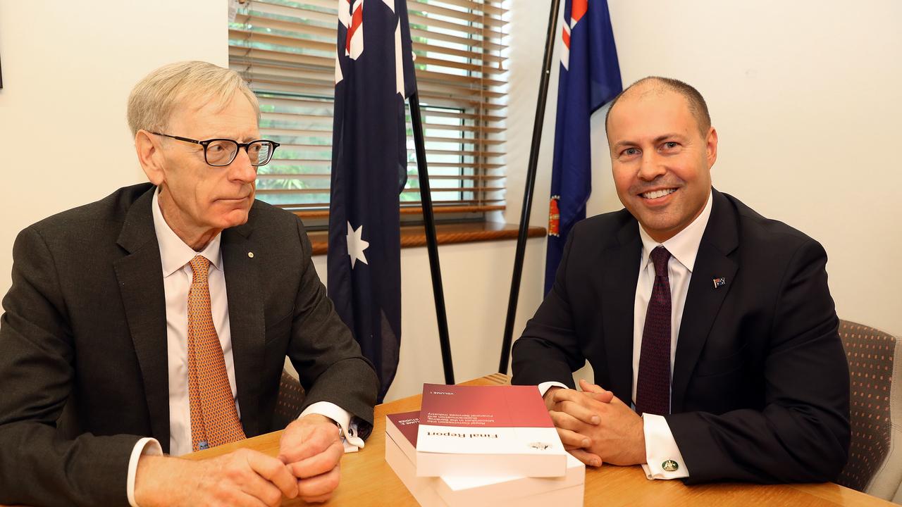 Then royal commissioner Kenneth Hayne with former federal treasurer Josh Frydenberg at the release of the commission’s report into misconduct by financial institutions. Picture: AAP