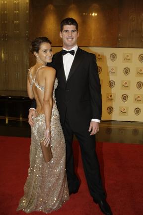 <p>2007 Brownlow Medal. Arrivals. Jonathan Brown and Kylie Adams. Picture: Fiona Hamilton</p>