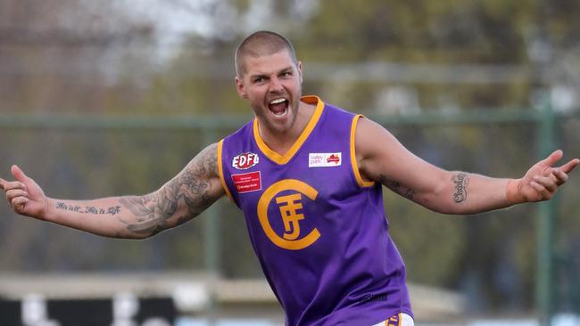 Cameron Cloke celebrates one of his 127 goals for Jacana last season. Picture: Mark Dadswell.