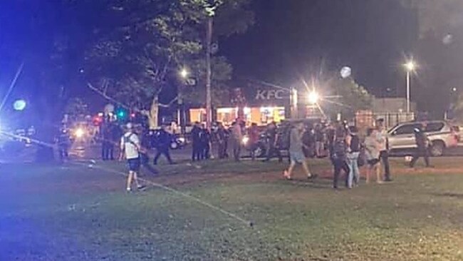 A disturbance erupts on the lawns outside the Epilogue Lounge and Rooftop Bar in Alice Springs on Sunday. Picture: Supplied