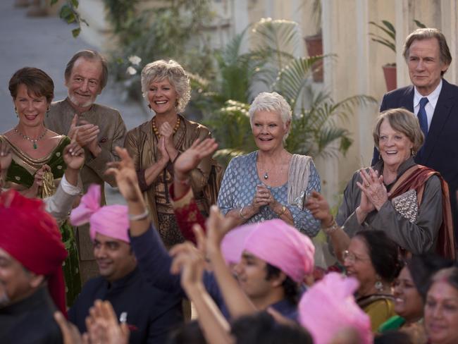 Back together ... Celia Imrie as "Madge Hardcastle," Ronald Pickup as "Norman Cousins," Diana Hardcastle as "Carol," Judi Dench as "Evelyn Greenslade," Maggie Smith as "Muriel Donnely" and Bill Nighy as "Douglas Ainslie". Picture: Twentieth Century Fox