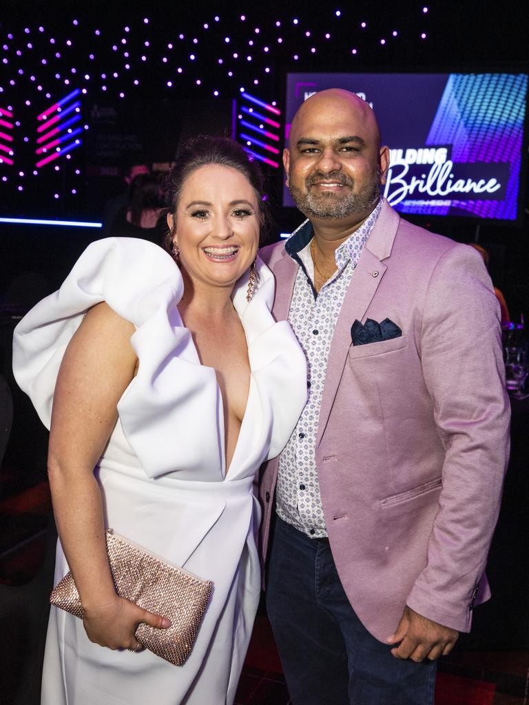 Amy Barlow and Bhavdip Panchal of Carpet Court at the Downs and Western Housing and Construction Awards at Rumours International, Friday, July 22, 2022. Picture: Kevin Farmer