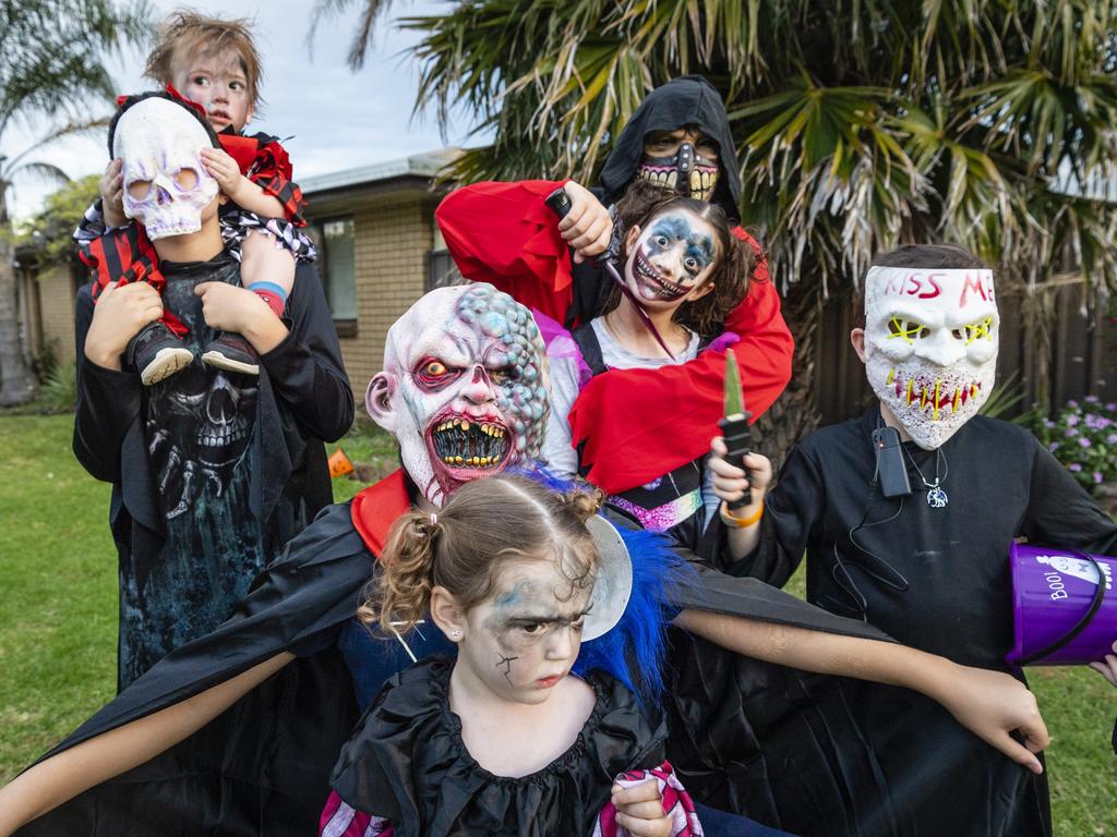 Dressed up for Halloween are (from left) Michael Lasserre, holding Rylan Ransom, Kyle McRae, Shayla McRae, Jacob McRae, Avah Ransom and Zavier McRae, Monday, October 31, 2022. Picture: Kevin Farmer