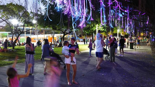 People pack into the Cairns Esplanade for the Reef Lights – Where the Rainforest Meets the Reef, part of the 2023 Cairns Festival. Picture: Brendan Radke