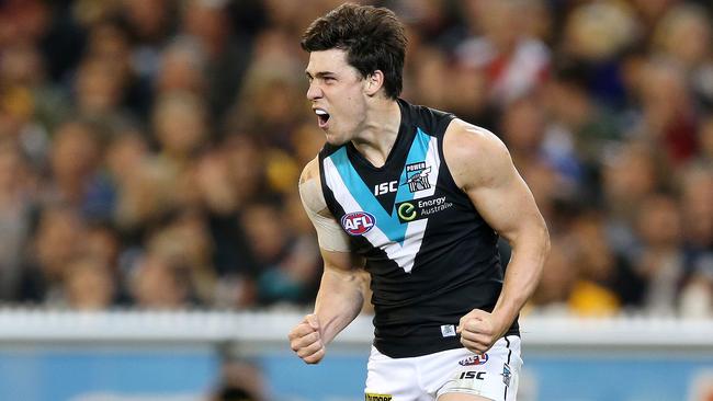 Angus Monfries celebrates a goal in the preliminary final. Picture: Sarah Reed.